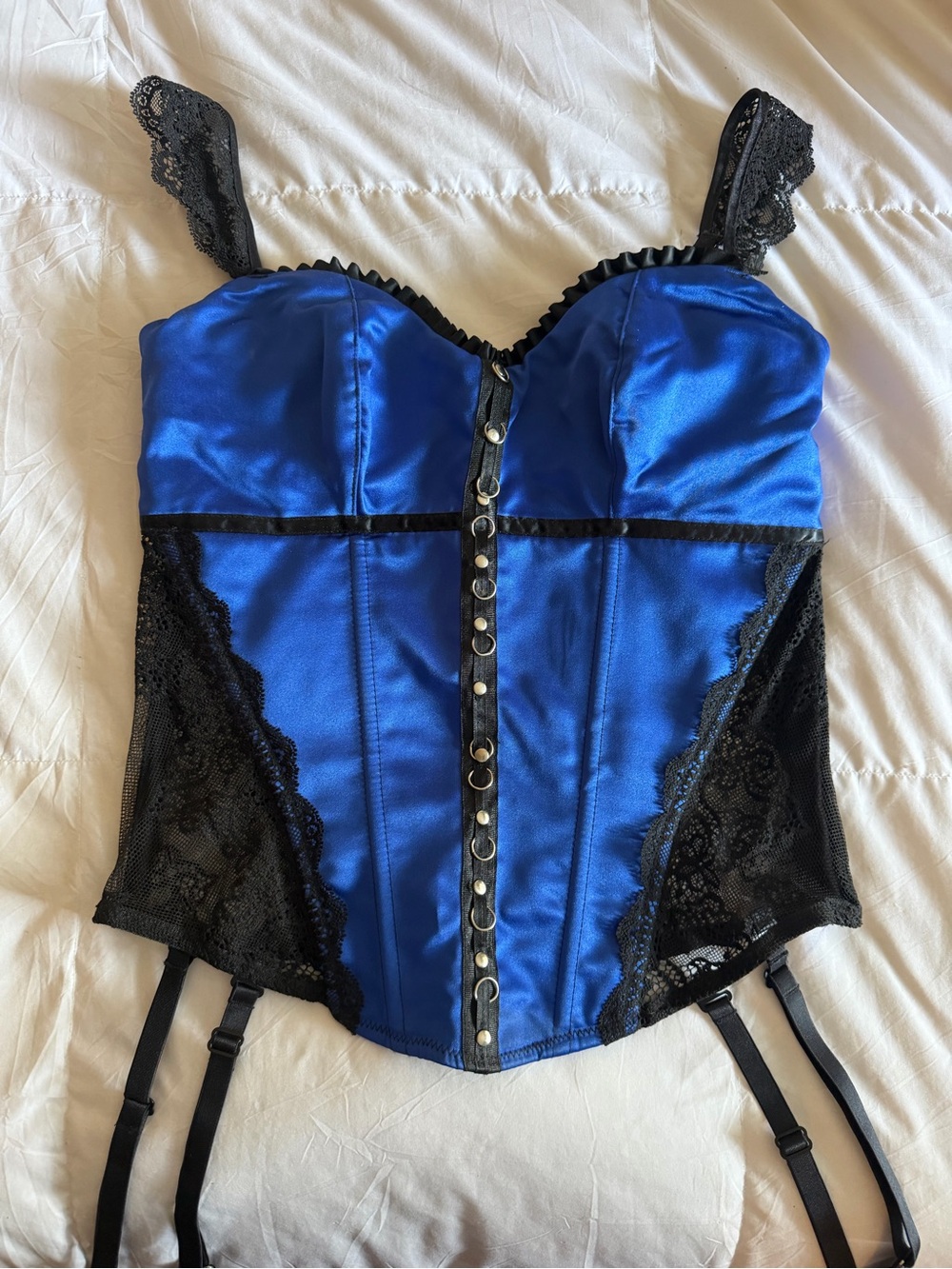 Shirley of Hollywood Blue Satin & Black Lace Bustier Corset with Garter Straps